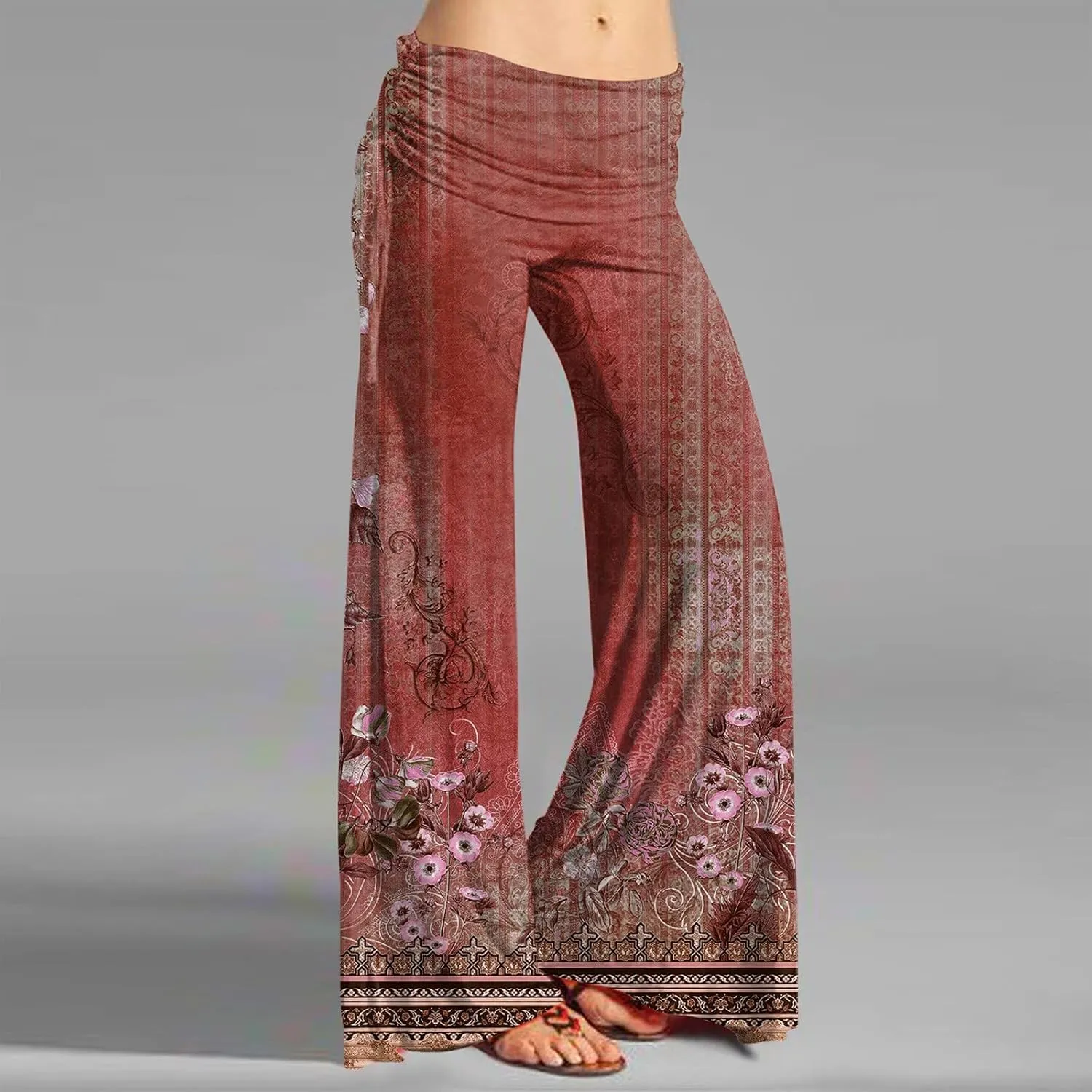 Women's Summer Vintage Print Wide Leg Pants Casual Flared Drawstring Trousers Elastic High Waist Palazzo Pants