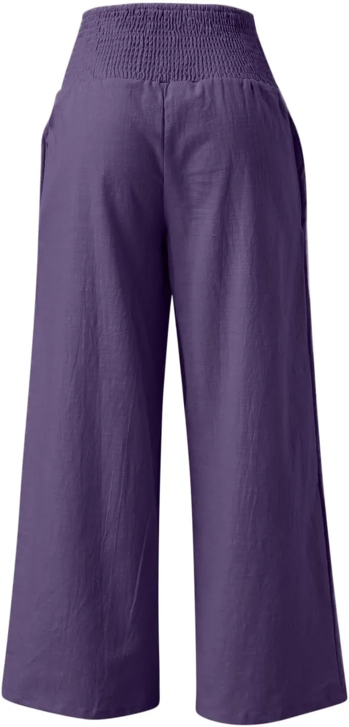 Womens Wide Leg Pants, Women Linen Palazzo Pants Summer Boho Wide Leg High Waist Casual Lounge Pant Trouser with Pockets