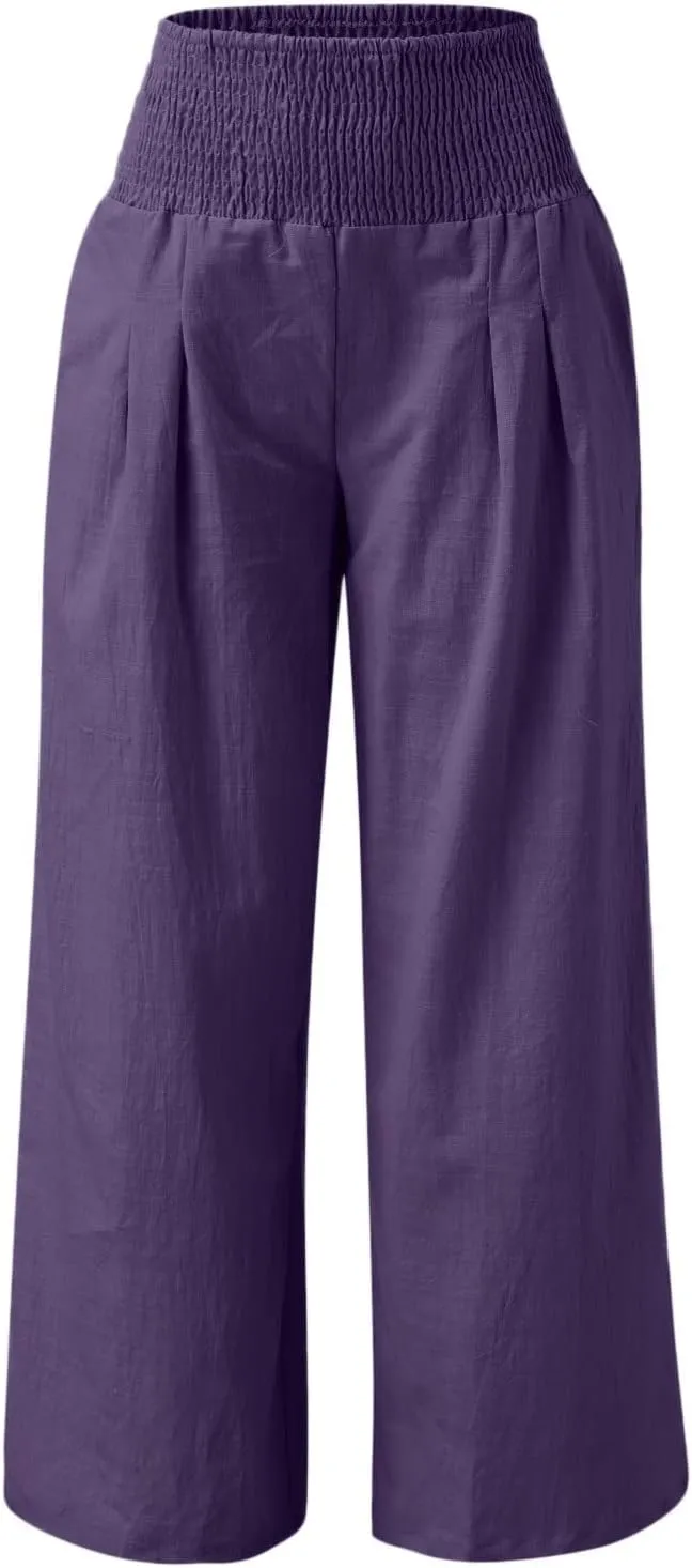 Womens Wide Leg Pants, Women Linen Palazzo Pants Summer Boho Wide Leg High Waist Casual Lounge Pant Trouser with Pockets