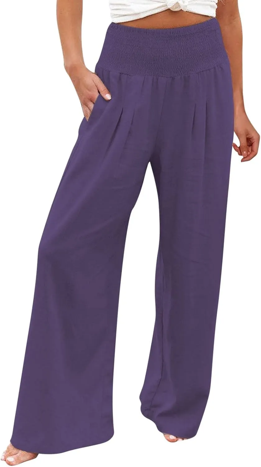 Womens Wide Leg Pants, Women Linen Palazzo Pants Summer Boho Wide Leg High Waist Casual Lounge Pant Trouser with Pockets