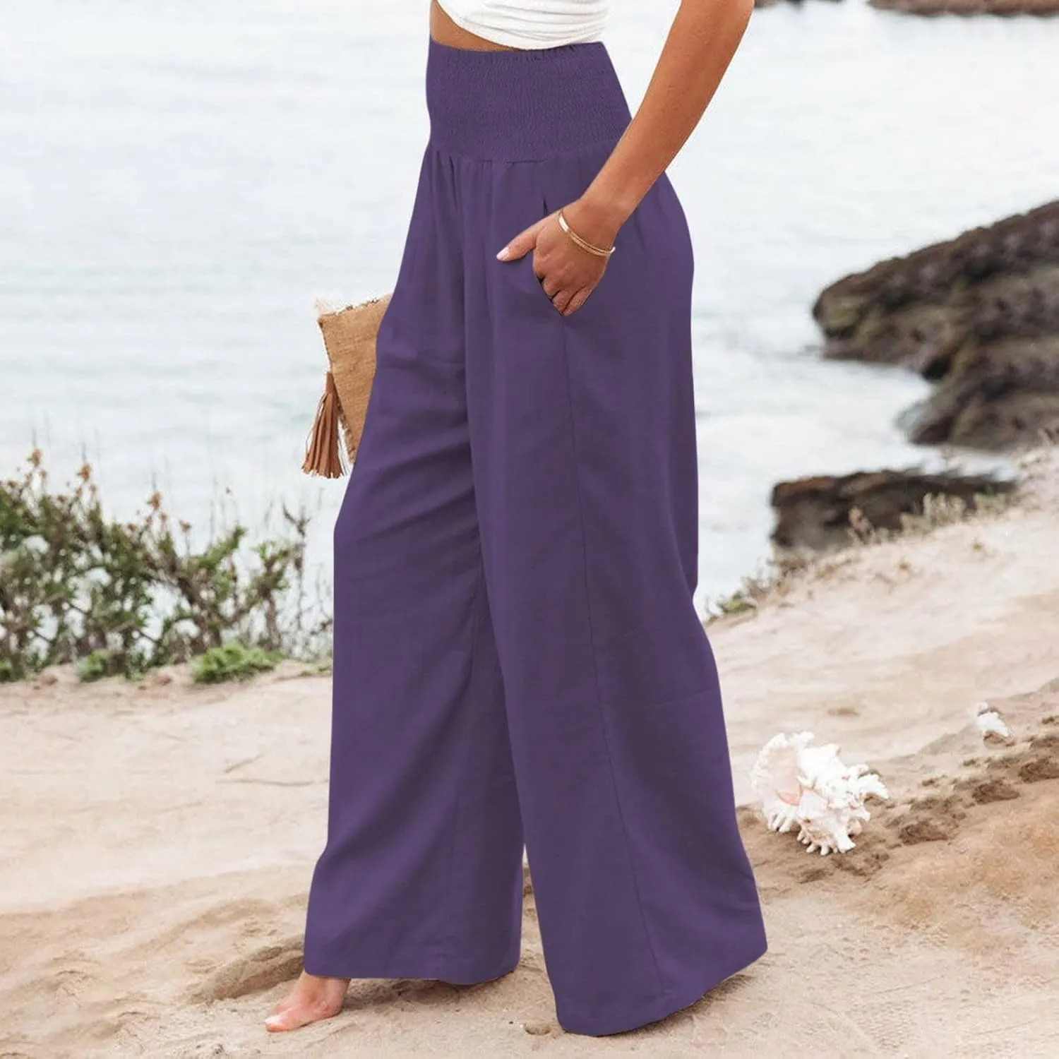 Womens Wide Leg Pants, Women Linen Palazzo Pants Summer Boho Wide Leg High Waist Casual Lounge Pant Trouser with Pockets