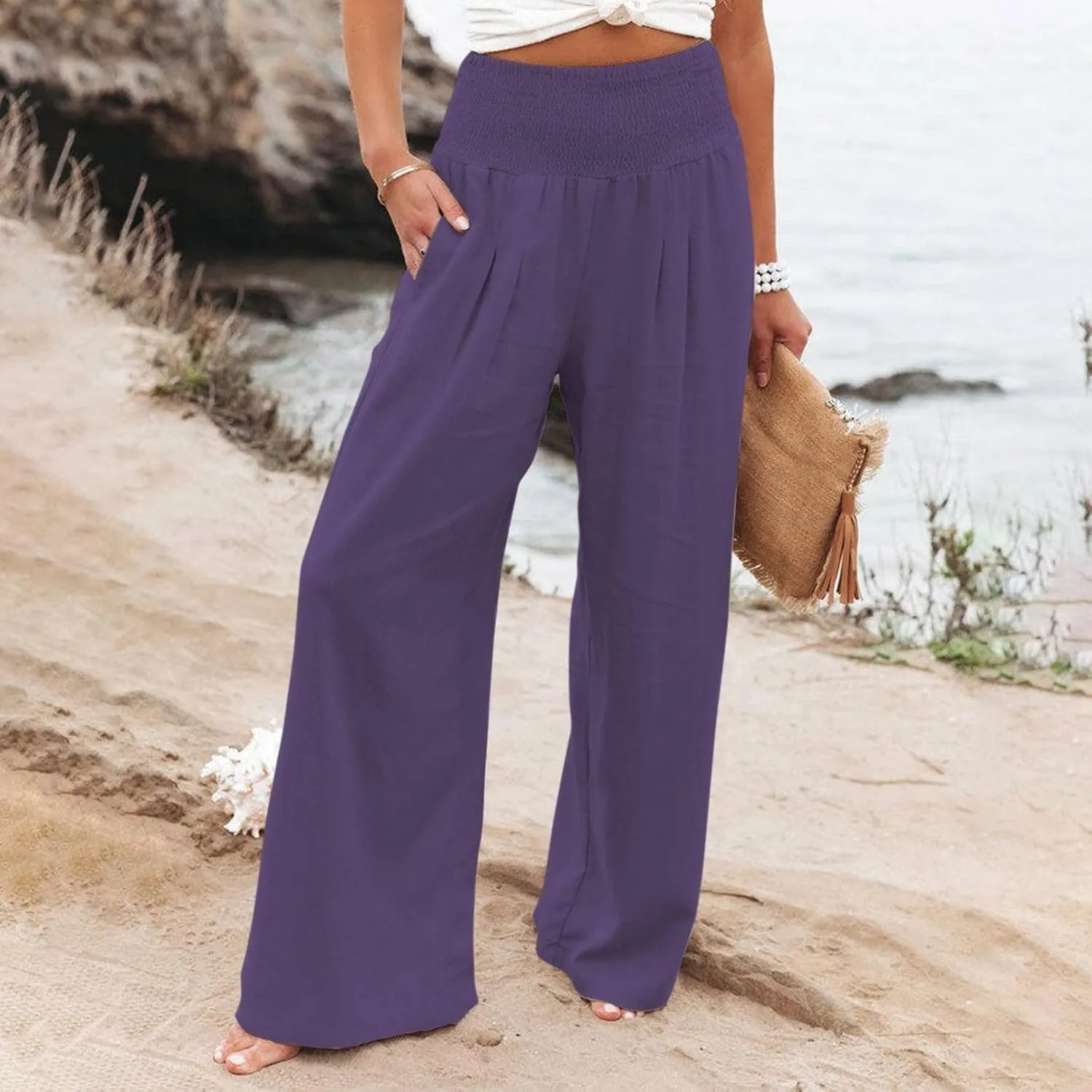 Womens Wide Leg Pants, Women Linen Palazzo Pants Summer Boho Wide Leg High Waist Casual Lounge Pant Trouser with Pockets