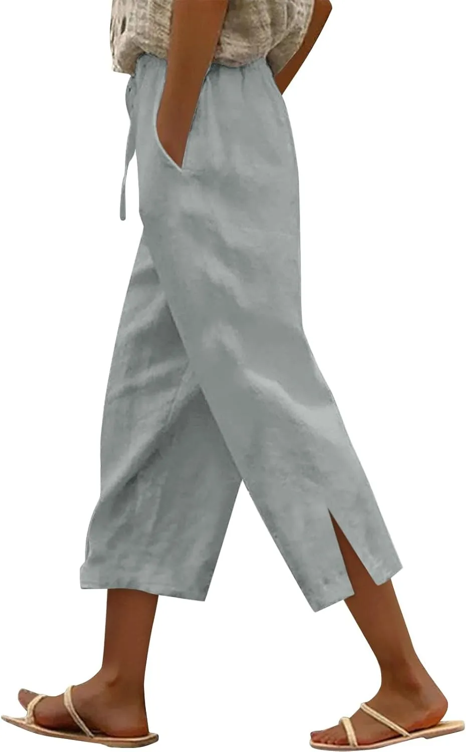 Work Pants Women Solid Color Cotton Linen Elastic Seven Pants Beach Plus Size Trendy Striped Spring Summer Gauze Pants